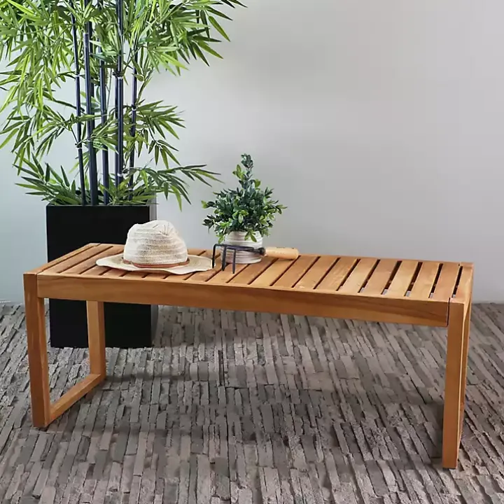 Brown Teak Wood Slatted Outdoor Coffee Table