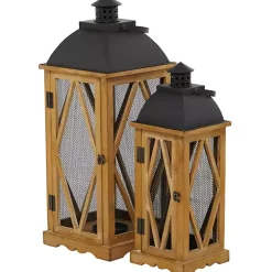Brown Wood and Black Mesh Lanterns, Set of 2