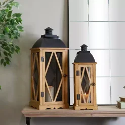 Brown Wood and Black Mesh Lanterns, Set of 2