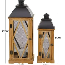 Brown Wood and Black Mesh Lanterns, Set of 2