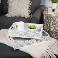 Brushed White Chevron Carved Trays, Set of 2