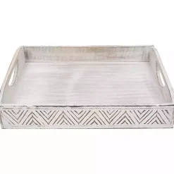 Brushed White Chevron Carved Trays, Set of 2