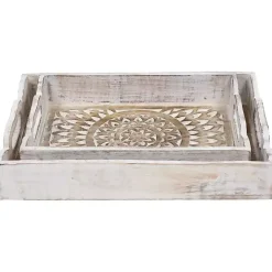 Brushed White Mandala Carved Trays, Set of 2