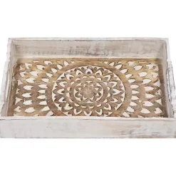 Brushed White Mandala Carved Trays, Set of 2