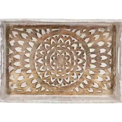 Brushed White Mandala Carved Trays, Set of 2