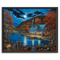 Cabin On Lake Graveyard Framed Canvas Art Print