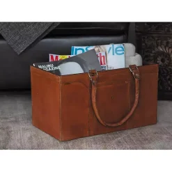 Camel Rustic Leather Magazine Rack Basket
