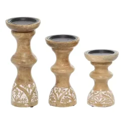 Carved Mango Wood Pillar Candle Holders, Set of 3