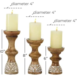 Carved Mango Wood Pillar Candle Holders, Set of 3