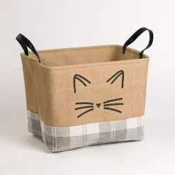Cat Whiskers Gray Plaid Leather Handle Jute Bin