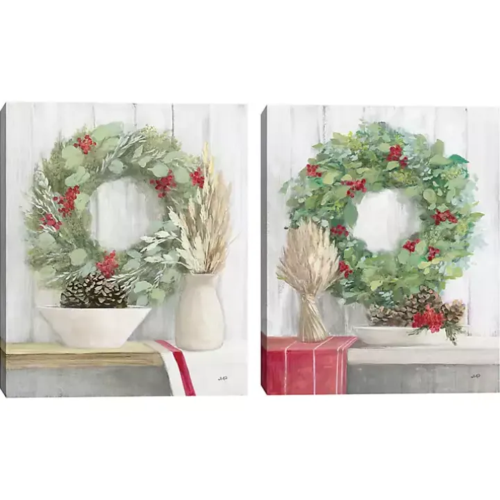 Christmas Holly Wreath Canvas Art Prints, Set of 2