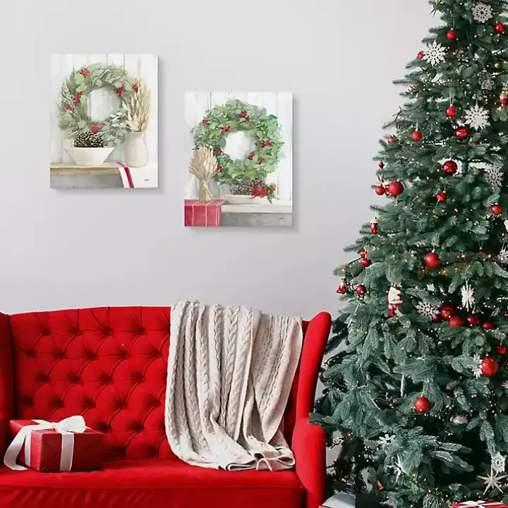 Christmas Holly Wreath Canvas Art Prints, Set of 2
