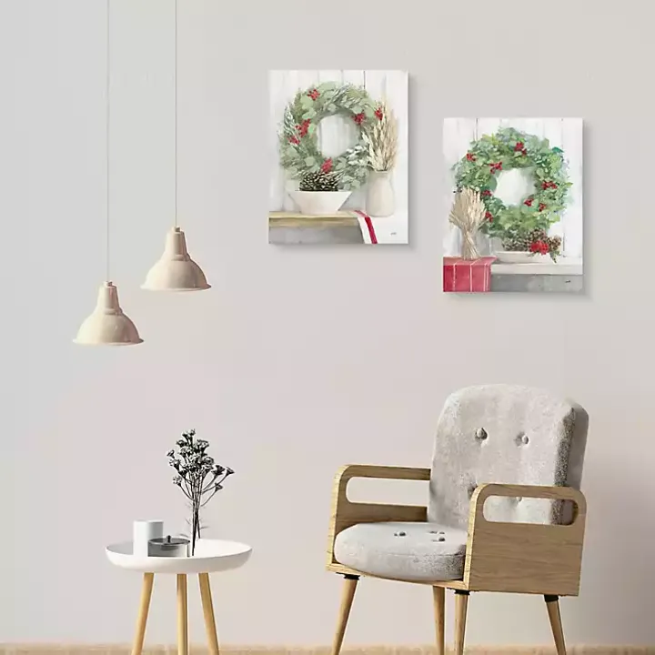 Christmas Holly Wreath Canvas Art Prints, Set of 2