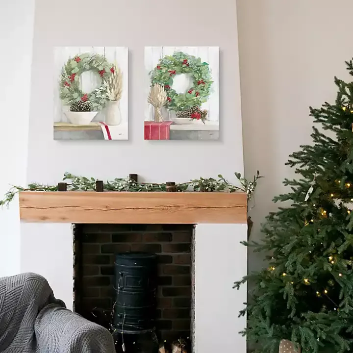Christmas Holly Wreath Canvas Art Prints, Set of 2