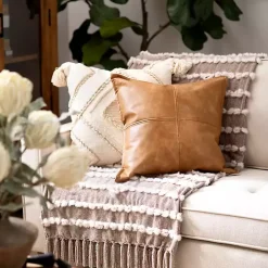 Cognac Faux Leather Throw Pillow