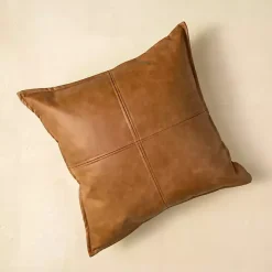 Cognac Faux Leather Throw Pillow