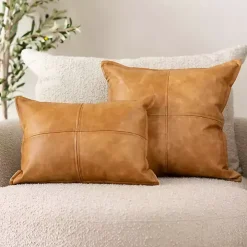Cognac Faux Leather Throw Pillow