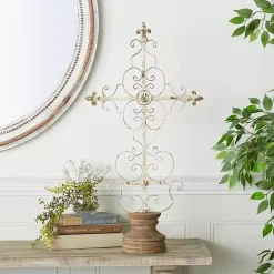 Cream Metal Ornate Cross Tabletop Sculpture