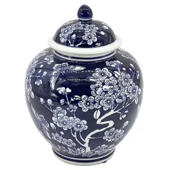 Dark Blue Floral Chinoiserie Jar, 10 in.