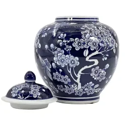 Dark Blue Floral Chinoiserie Jar, 10 in.