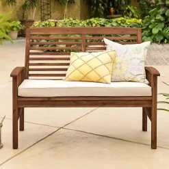 Dark Brown Acacia Wood Loveseat Bench with Cushion