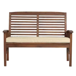 Dark Brown Acacia Wood Loveseat Bench with Cushion