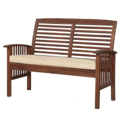 Dark Brown Acacia Wood Loveseat Bench with Cushion