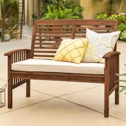 Dark Brown Acacia Wood Loveseat Bench with Cushion
