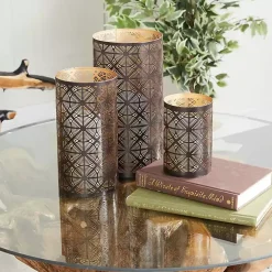 Dark Brown Pierced Metal Candle Holders, Set of 3
