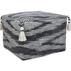 Dark Gray Tasseled Static Geo Cotton Square Pouf