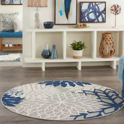 Denim Floral Burst Round Outdoor Area Rug