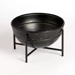 Distressed Black Metal Decorative Bowl with Stand