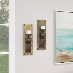 Distressed Brown Wood Wall Sconces, Set of 2