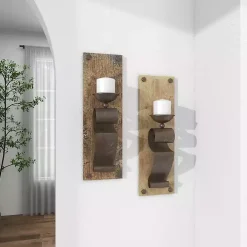 Distressed Brown Wood Wall Sconces, Set of 2