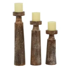 Distressed Mocha Mango Wood Candlesticks, Set of 3