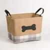 Dog Bone Gray Plaid Leather Handle Jute Bin