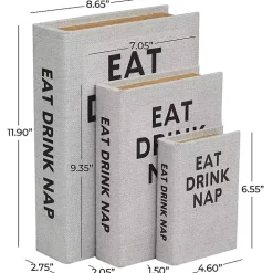 Eat, Drink, Nap Gray Linen Book Boxes, Set of 3