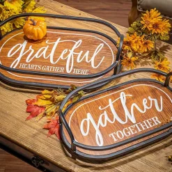Engraved Wood and Metal Harvest Trays, Set of 2