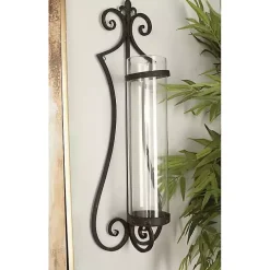 Fleur Distressed Black Iron Sconce, 31 in.