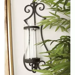 Fleur Distressed Black Iron Sconce, 25 in.