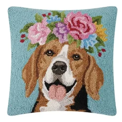 Floral Beagle Hooked Throw Pillow