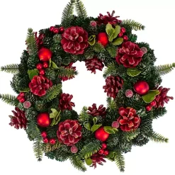 Frosted Red Ornament and Pinecone Wreath