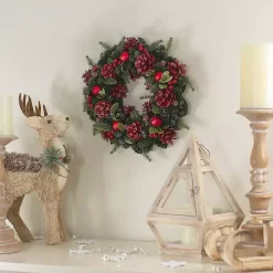 Frosted Red Ornament and Pinecone Wreath