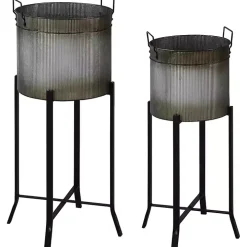 Galvanized Black Planters with Stands, Set of 2