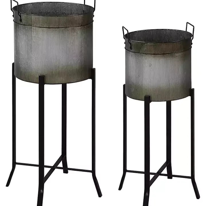 Galvanized Black Planters with Stands, Set of 2