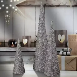Glittered Silver Cone Tabletop Trees, Set of 3