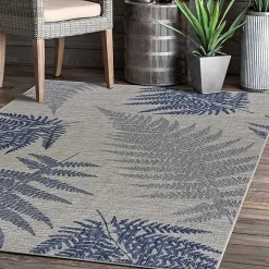 Gray and Navy Falling Ferns Outdoor Area Rug, 5x7
