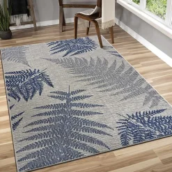 Gray and Navy Falling Ferns Outdoor Area Rug, 5x7