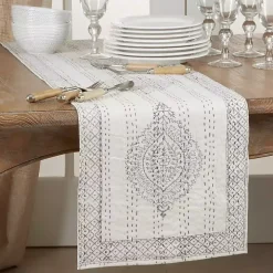 Gray and White Kantha Stitch Table Runner
