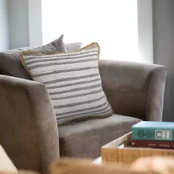 Gray and White Stripped Jute Border Accent Pillow